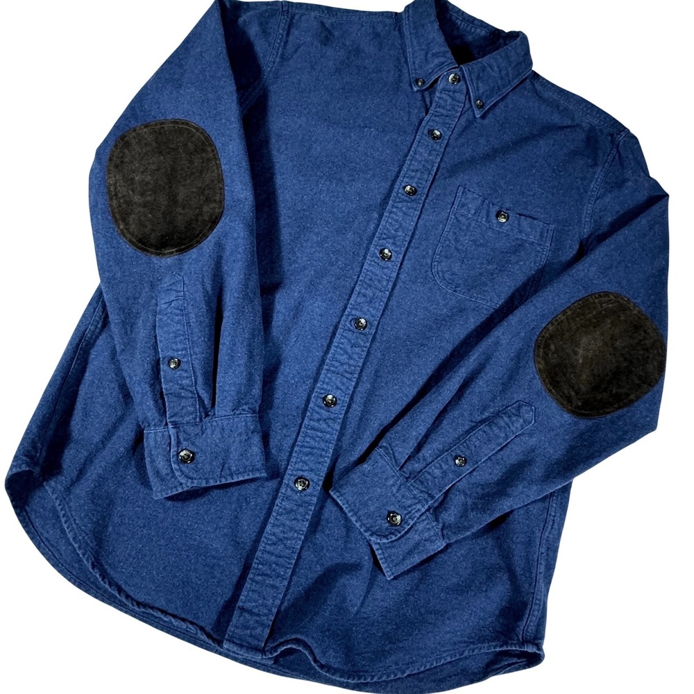 J.Crew Flannel Shirt Mens M Blue Leather Elbow Patches Button Down 06791